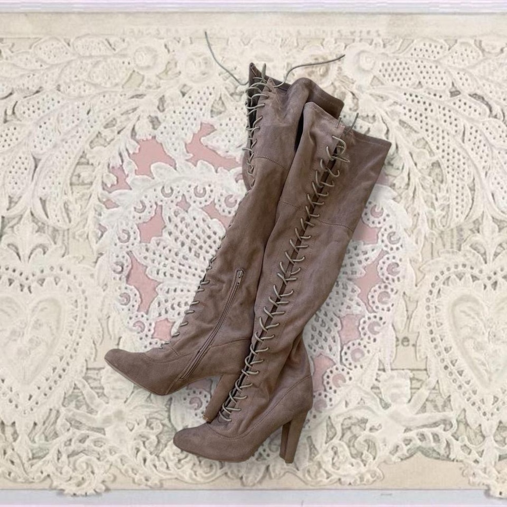 Fashion Nova Brown Lace-Up Over the Knee Boots